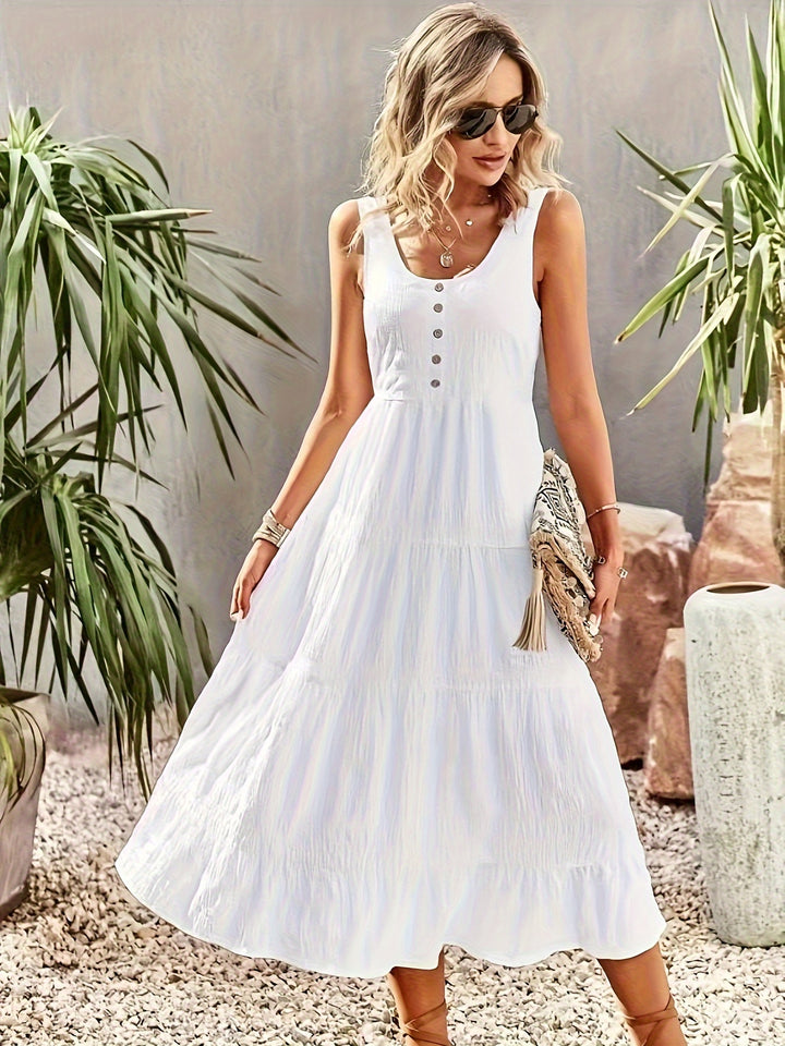 VanBruggen™ | Dames mouwloze maxi jurk met U-hals en ruches