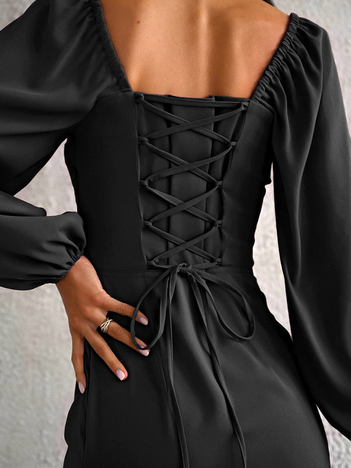VanBruggen™ | Vierkante Hals Gedrapeerde Croset Split Midi Dress