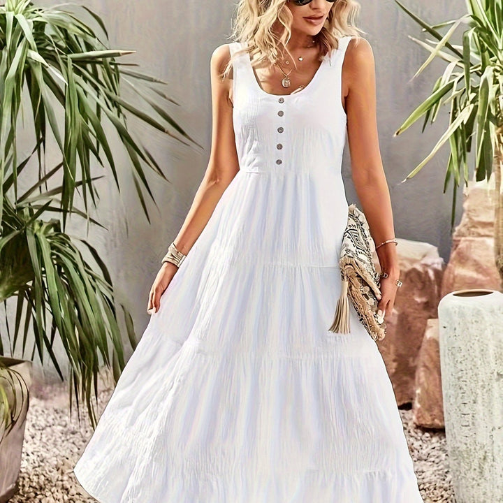 VanBruggen™ | Dames mouwloze maxi jurk met U-hals en ruches